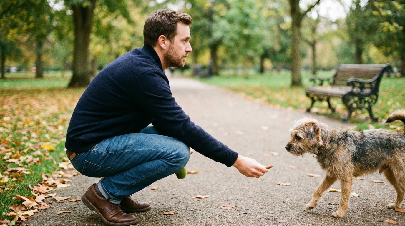 Homme accroupi de profil tendant la main doucement vers un chien flou au premier plan