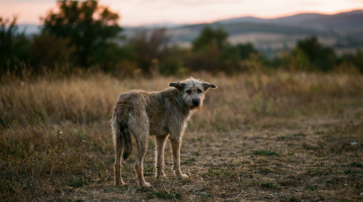 Chien errant craintif observant de loin dans un champ au crépuscule