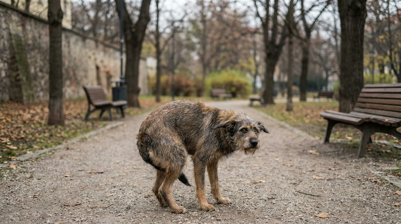 Chien craintif de type berger croisé, queue basse, oreilles en arrière, se tenant à distance dans un environnement urbain calme, lumière douce de fin de journée.