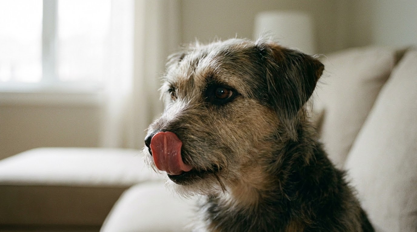 Gros plan sur le museau d'un chien qui se lèche la truffe (signal d'apaisement), regard fuyant, fond flou neutre.