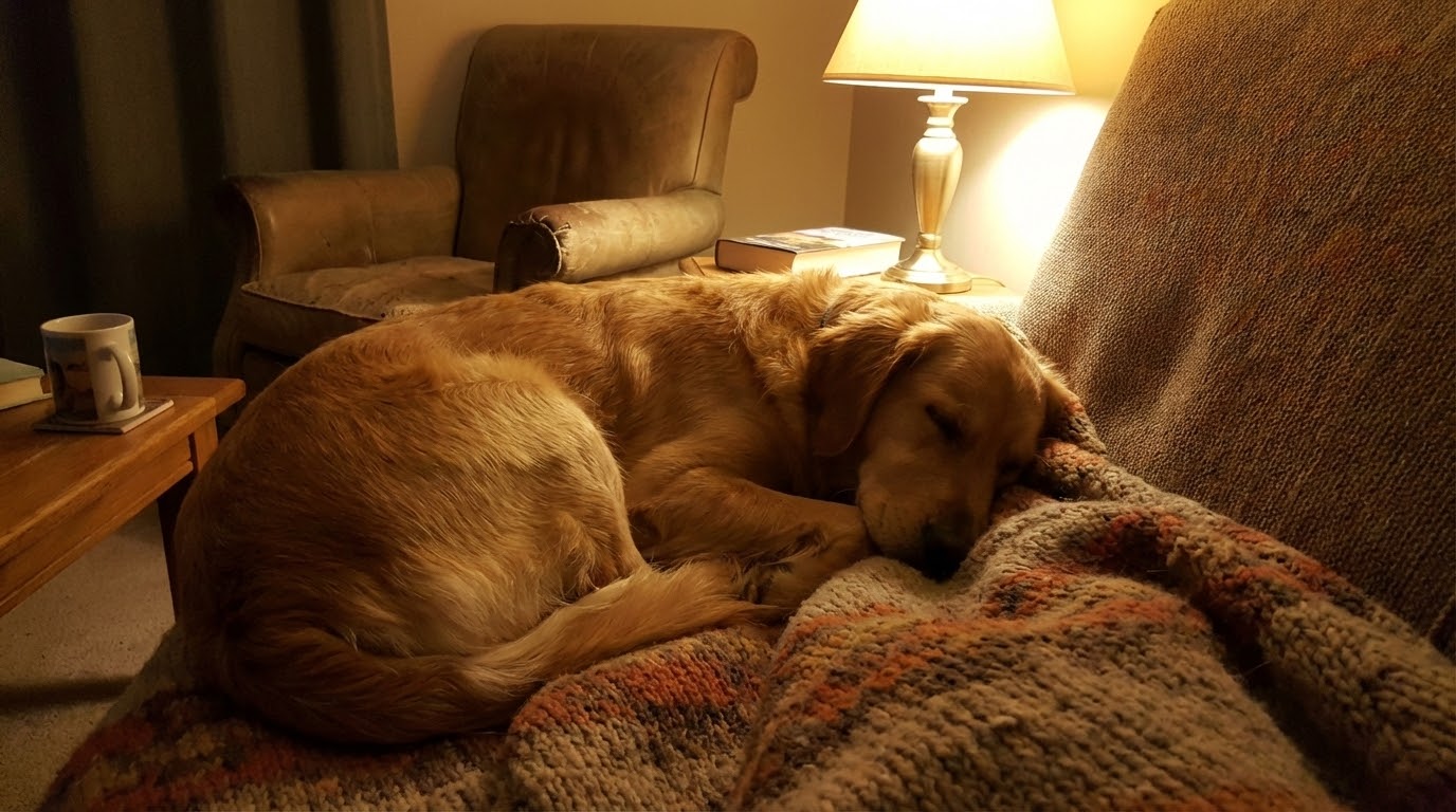 Chien calme dormant dans une pièce sombre sur une couverture confortable.