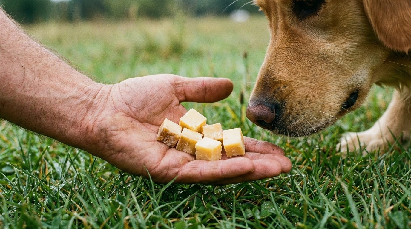 La main d'un humain au sol tenant des friandises appétentes, un chien s'approchant prudemment.