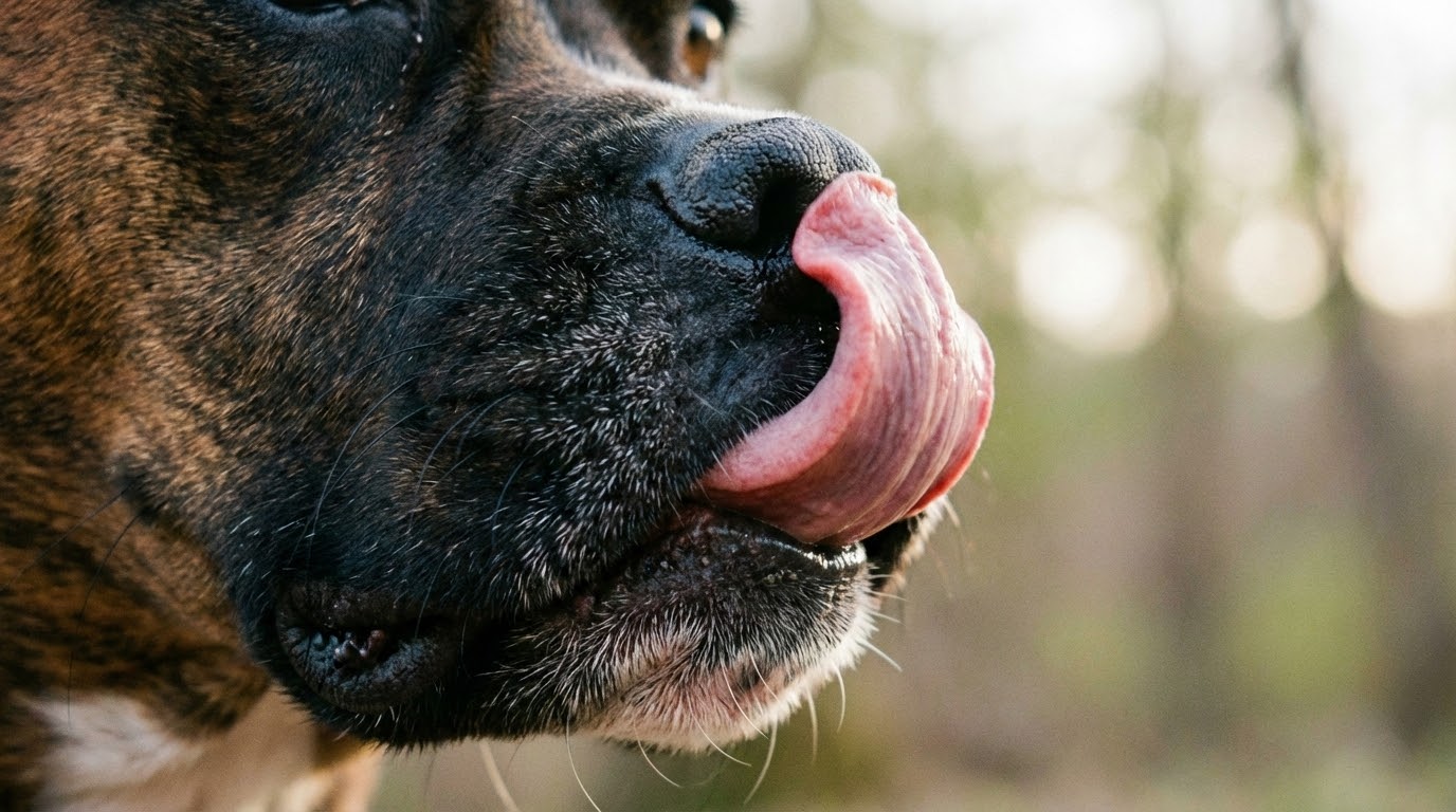 Gros plan truffe de chien qui se lèche les babines, signal d'apaisement