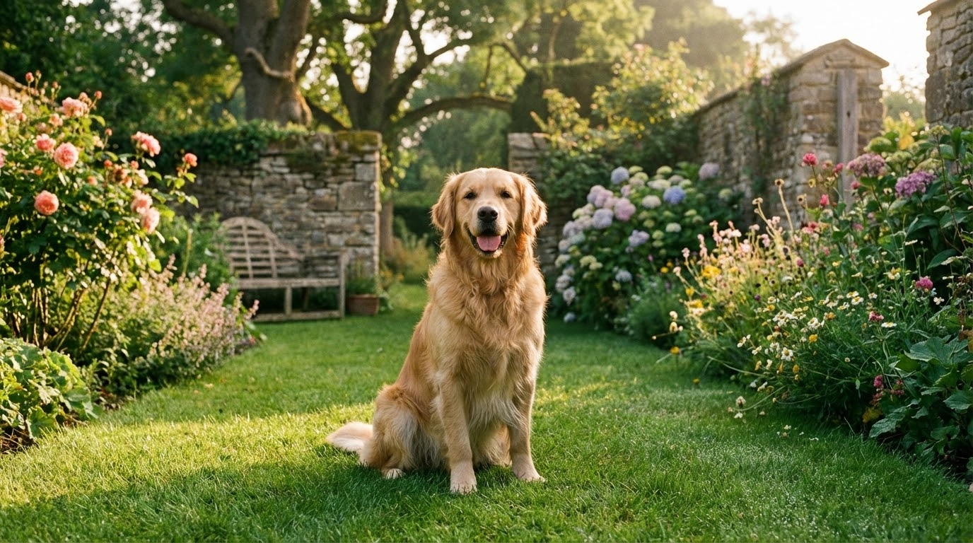 Un chien heureux assis sur une pelouse verdoyante et bien entretenue, avec un jardin fleuri en arrière-plan. Lumière naturelle et douce.