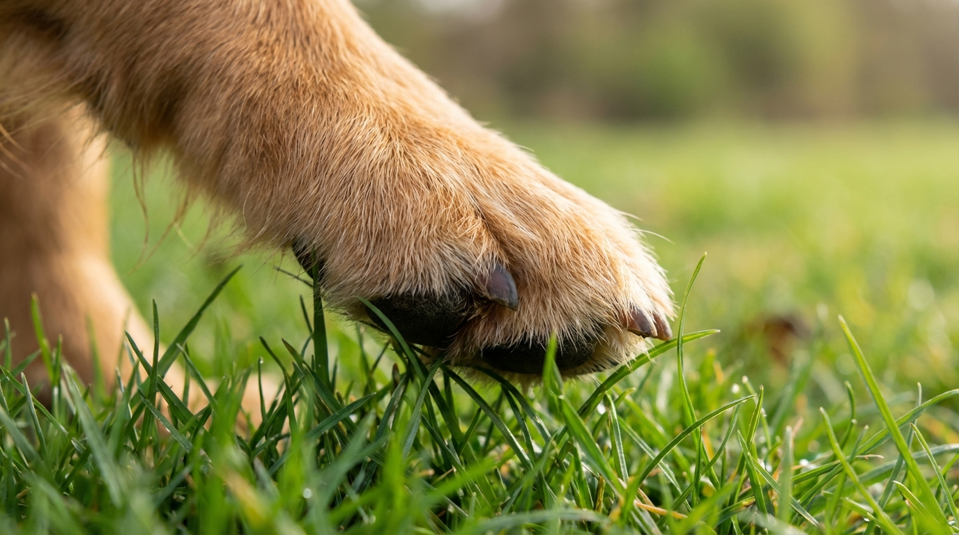 Une patte de chien posée délicatement sur de l'herbe, vue de près.