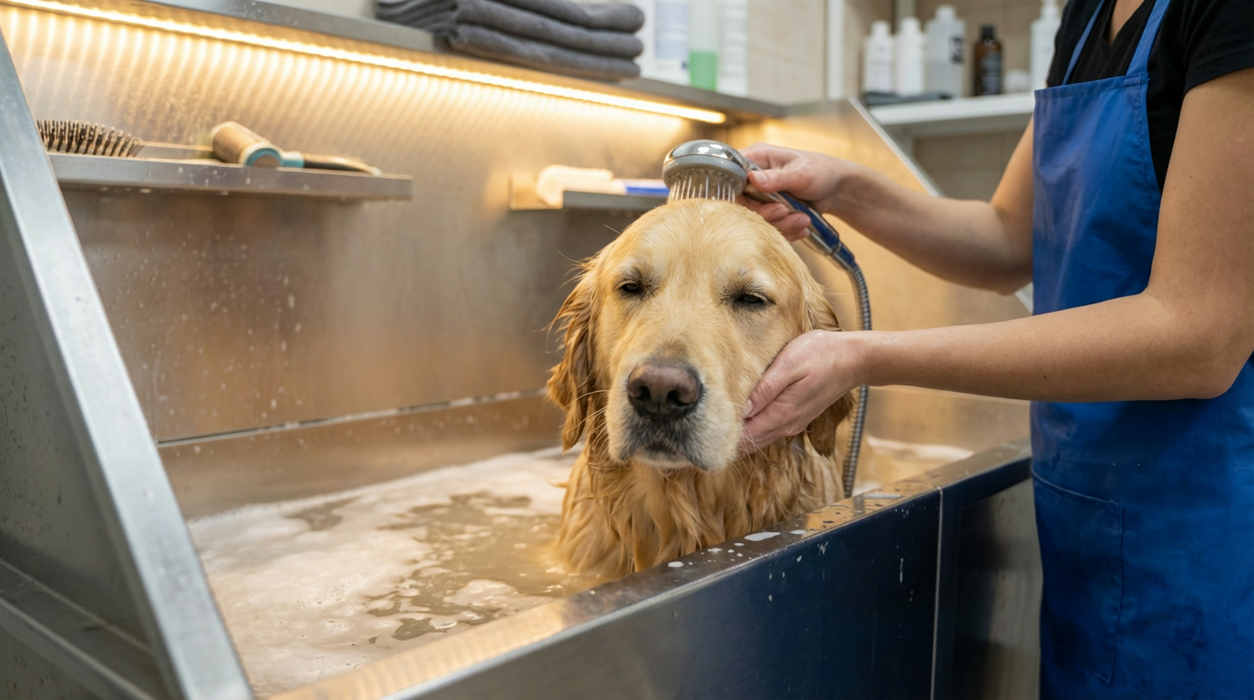 Chien calme dans un bain avec de la mousse, ambiance sereine et professionnelle