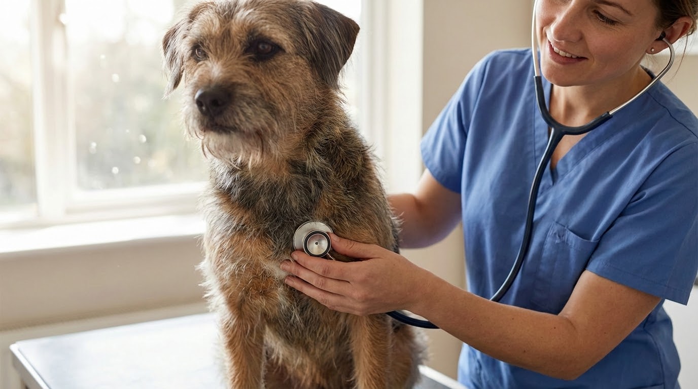 Chien paisible écouté au stéthoscope par un professionnel doux, ambiance vétérinaire rassurante.