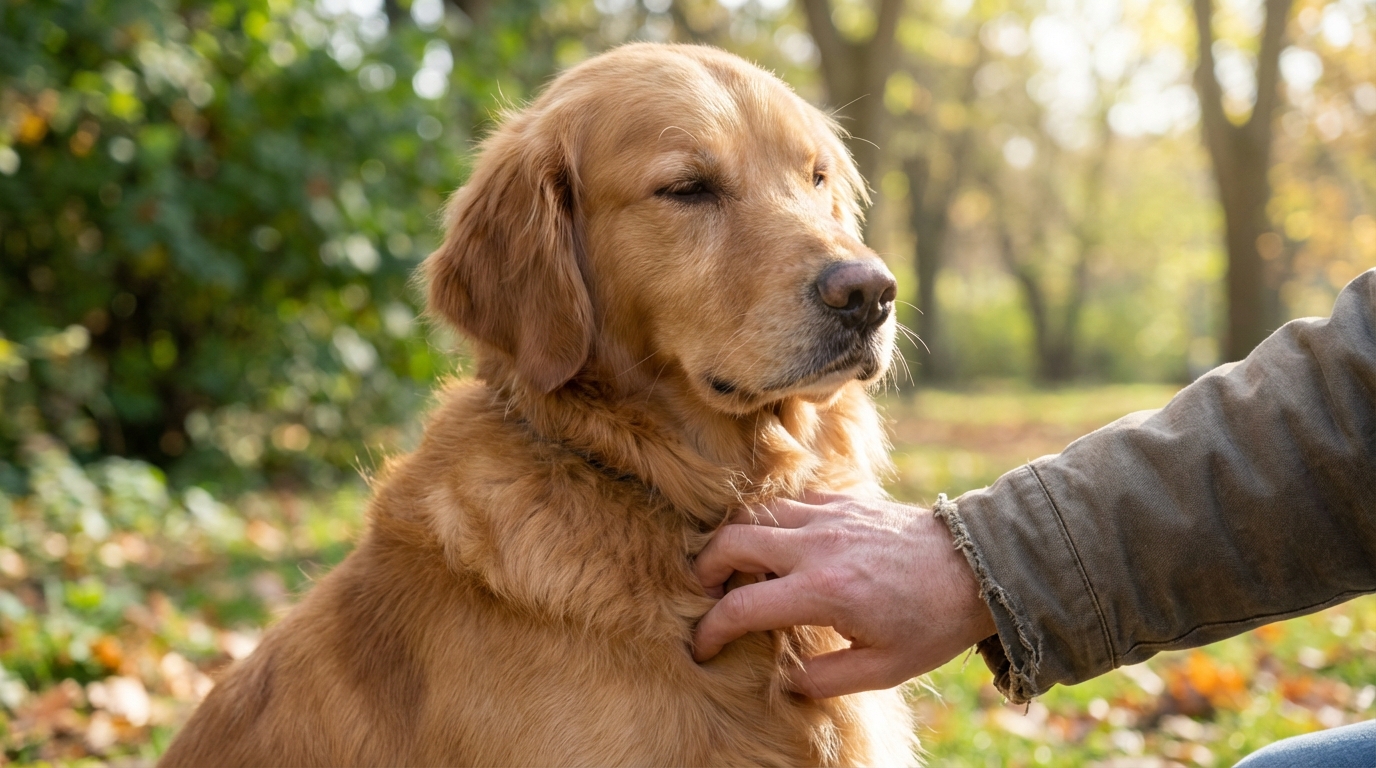 Main humaine caressant doucement le poitrail d'un chien détendu, lumière douce naturelle.