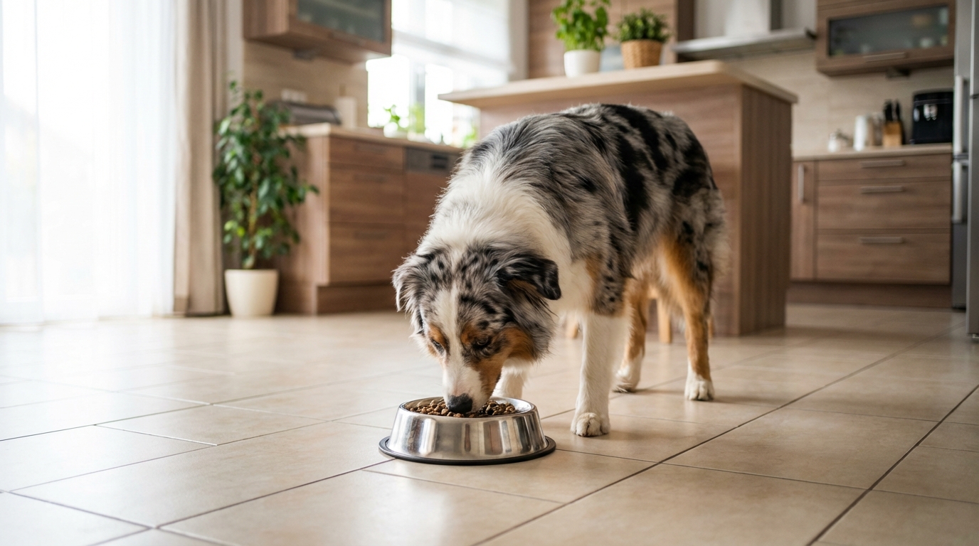 Chien heureux mangeant sa gamelle de croquettes saines dans une cuisine lumineuse