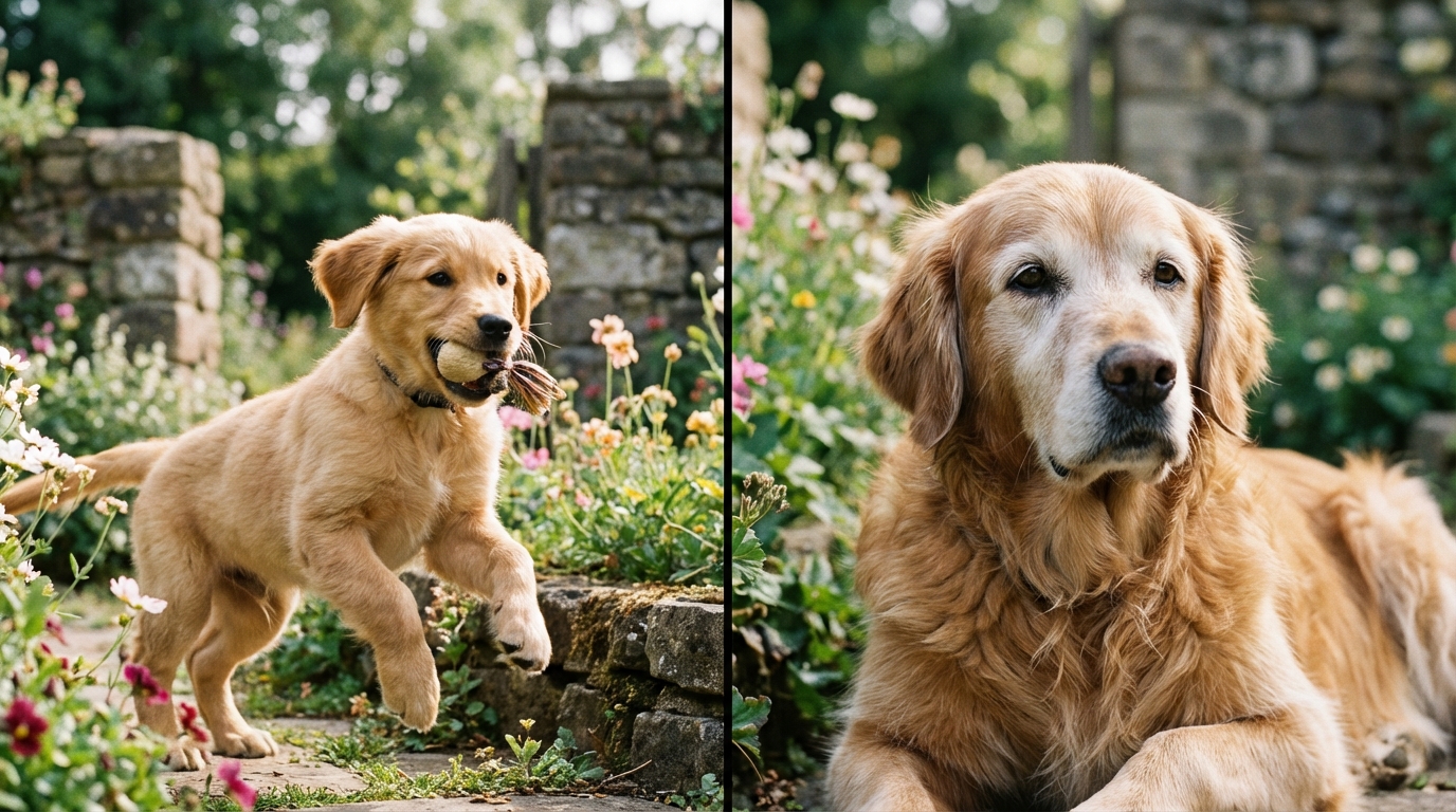 Portrait d'un chien senior au regard sage et d'un chiot dynamique de la même race, symbolisant le cycle de la vie canine.