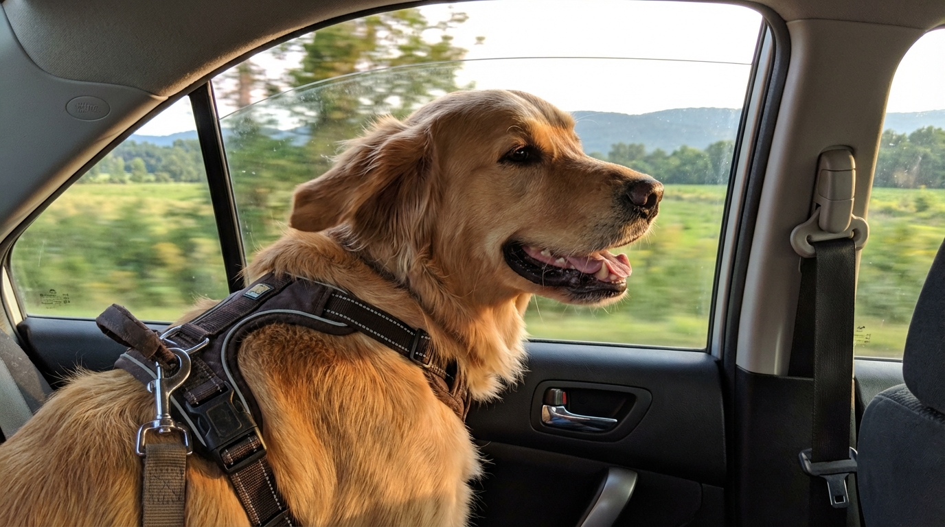 Chien serein regardant par la fenêtre d'une voiture, en sécurité avec harnais