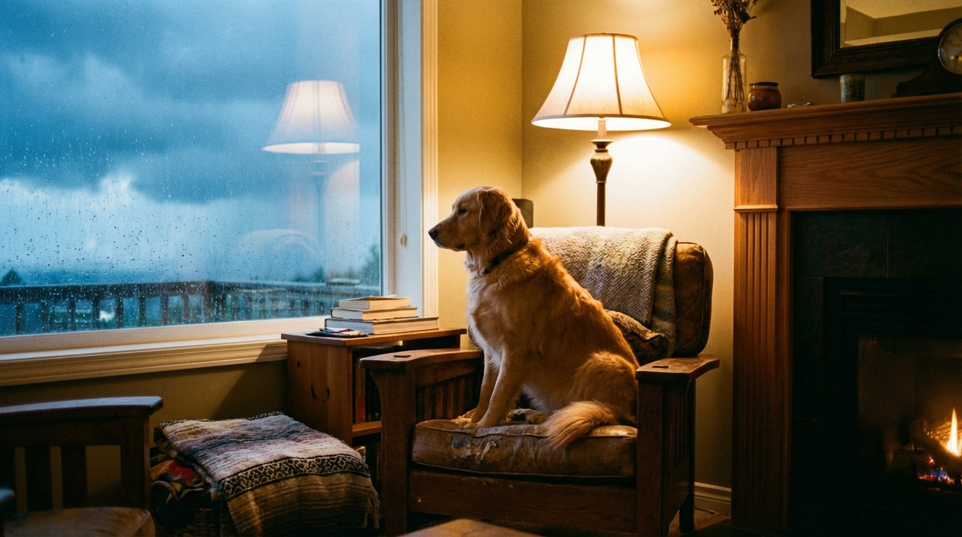 Chien serein regardant par la fenêtre un ciel orageux, protégé à l'intérieur