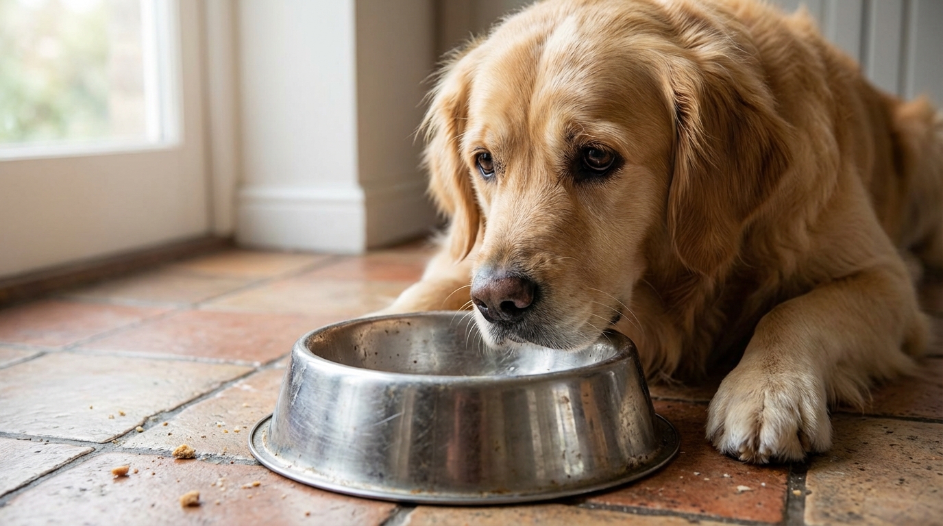 Chien de type Golden Retriever avec un regard implorant devant une gamelle vide dans une cuisine moderne
