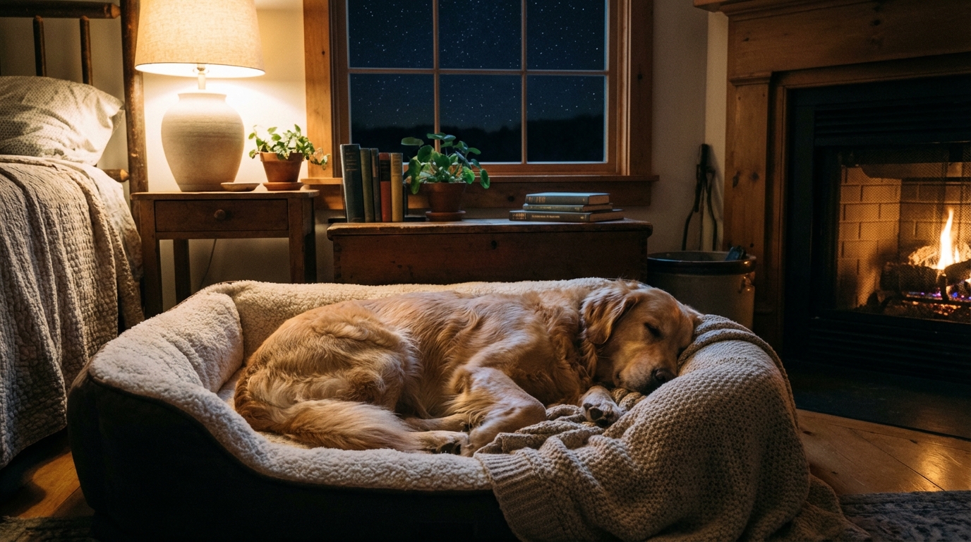 Chien endormi paisiblement dans son panier la nuit, ambiance apaisante et tamisée