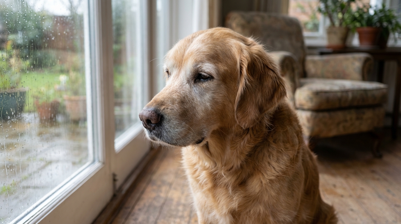 Chien assis calmement regardant par la fenêtre avec une lumière douce, style réaliste.
