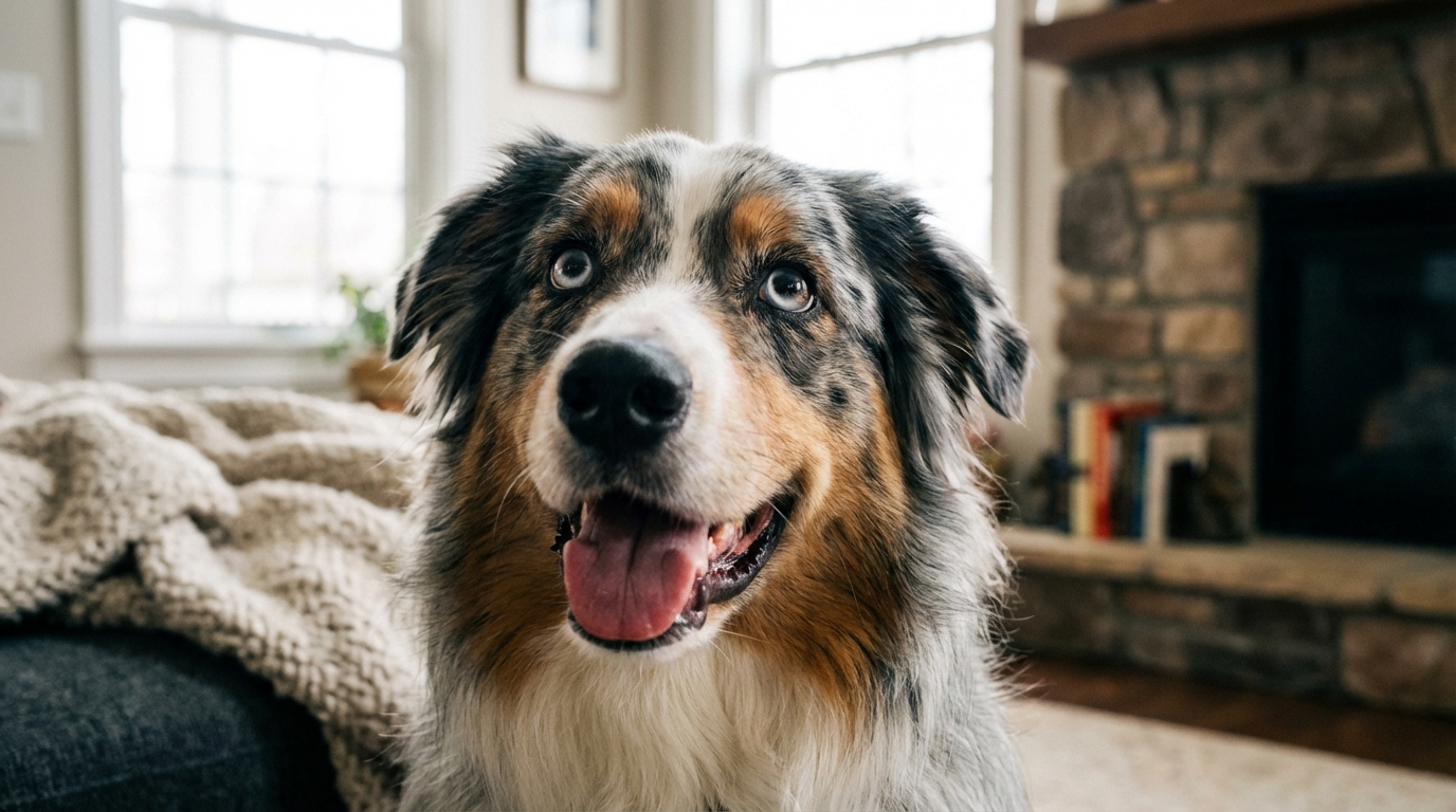 Berger Australien attentif regardant son propriétaire avec joie dans un salon lumineux
