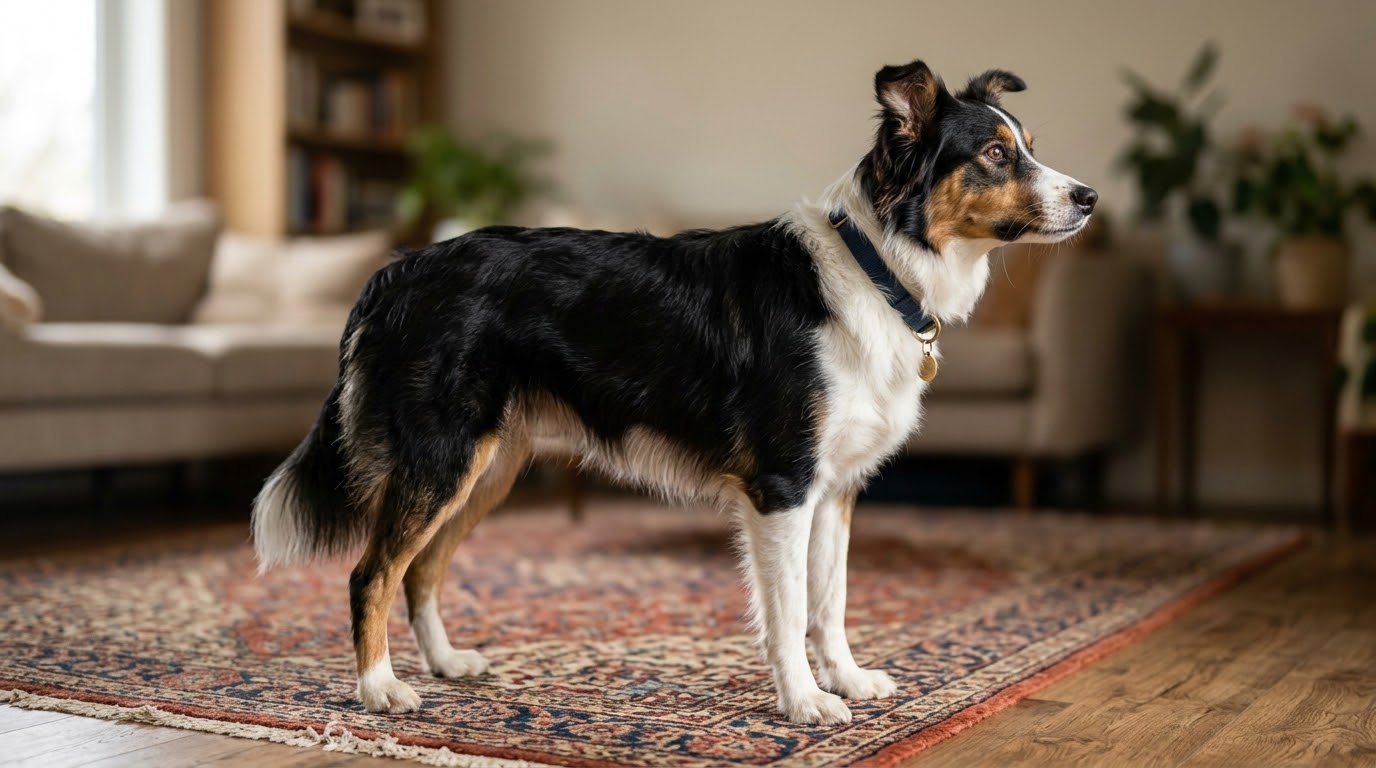 Chien debout statique sur un tapis de travail, profil, lumière naturelle