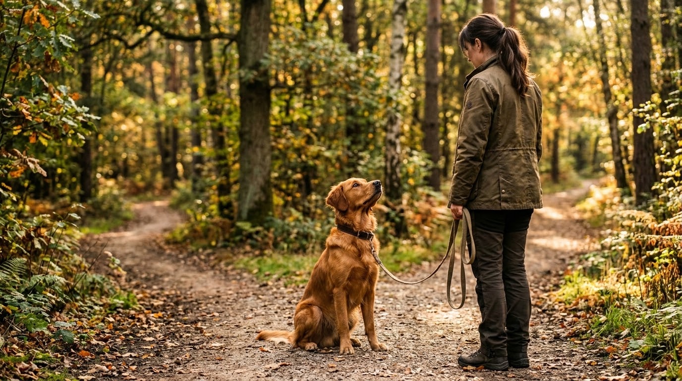 Chien attentif assis à un croisement de chemins en forêt, regardant son maître, style réaliste et lumineux