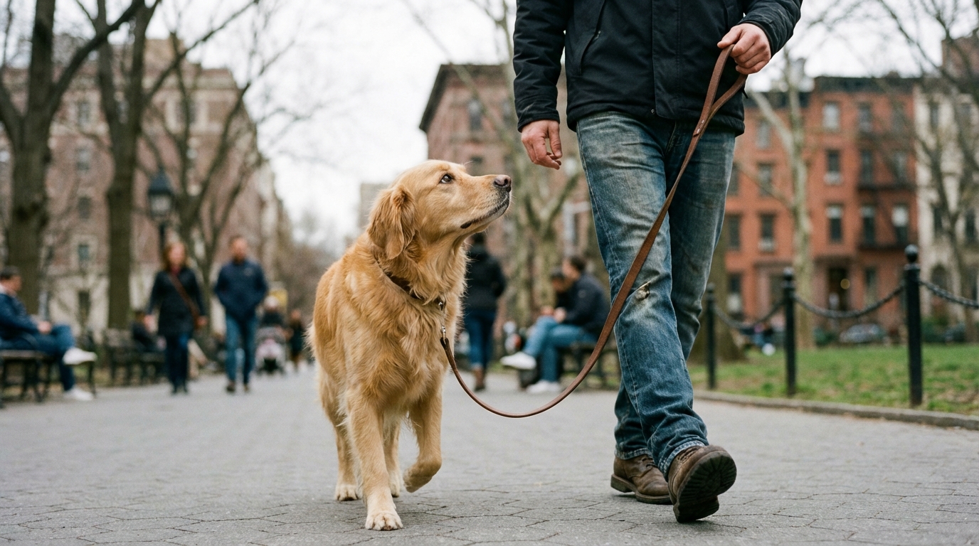 Chien marchant au pied de son maître, regard concentré vers le haut, laisse détendue, environnement urbain calme.
