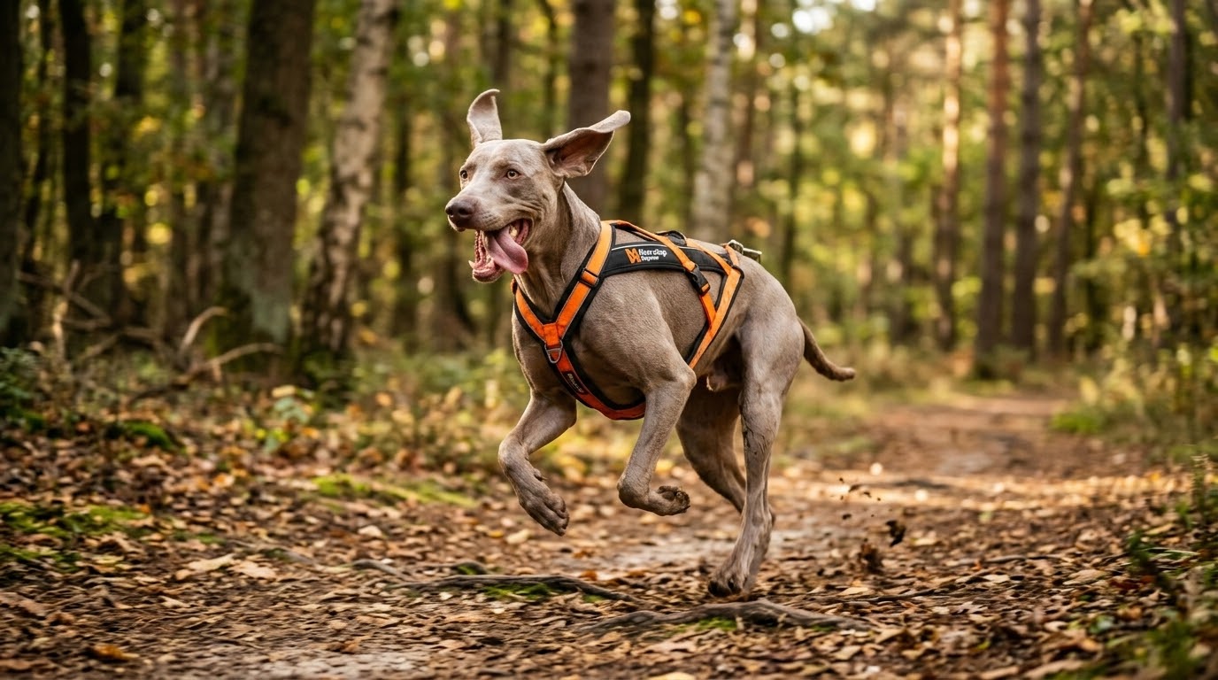 Chien de race braque de weimar courant joyeusement sur un sentier forestier, équipement de canicross visible, lumière naturelle d'automne.