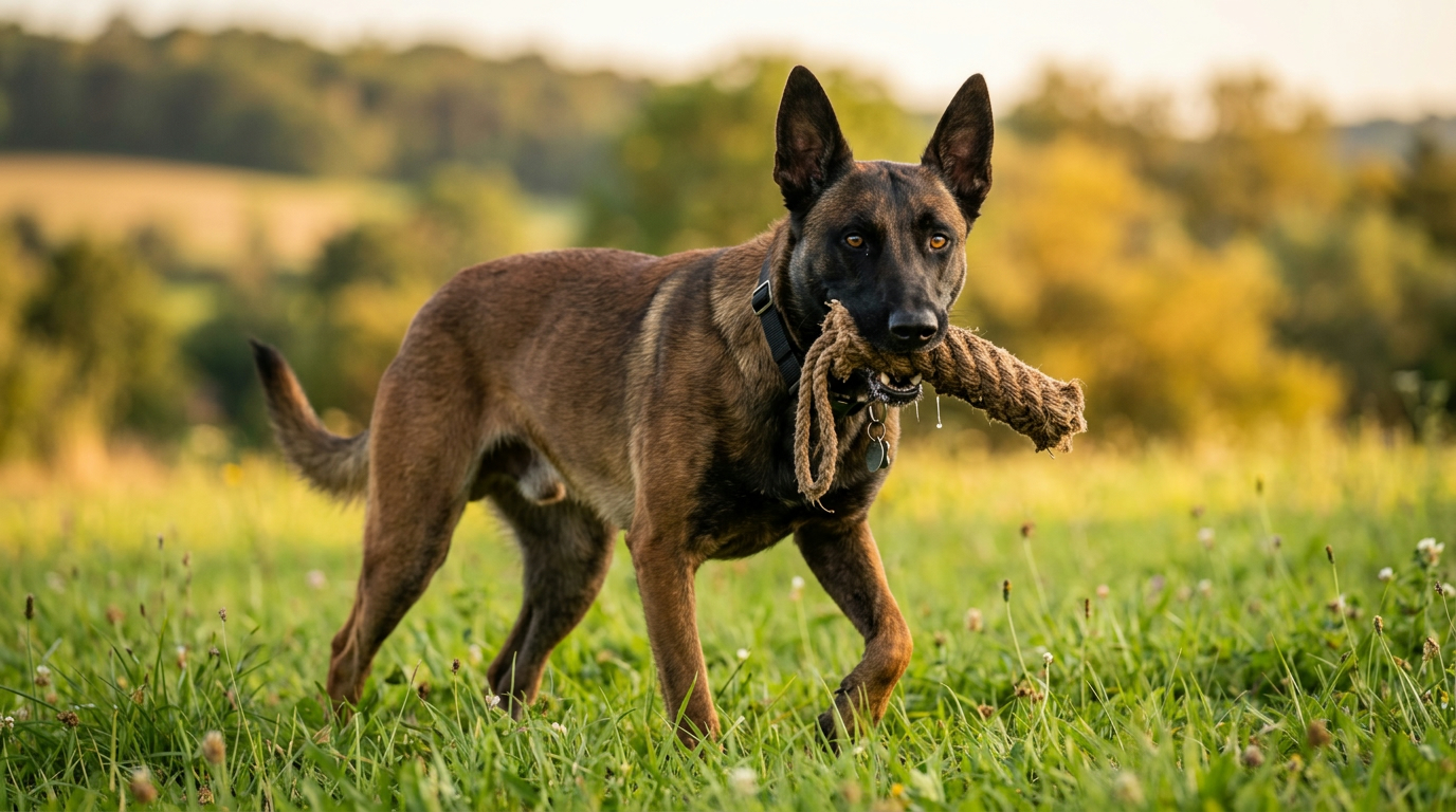 Berger Belge Malinois concentré tenant un boudin de motivation en extérieur