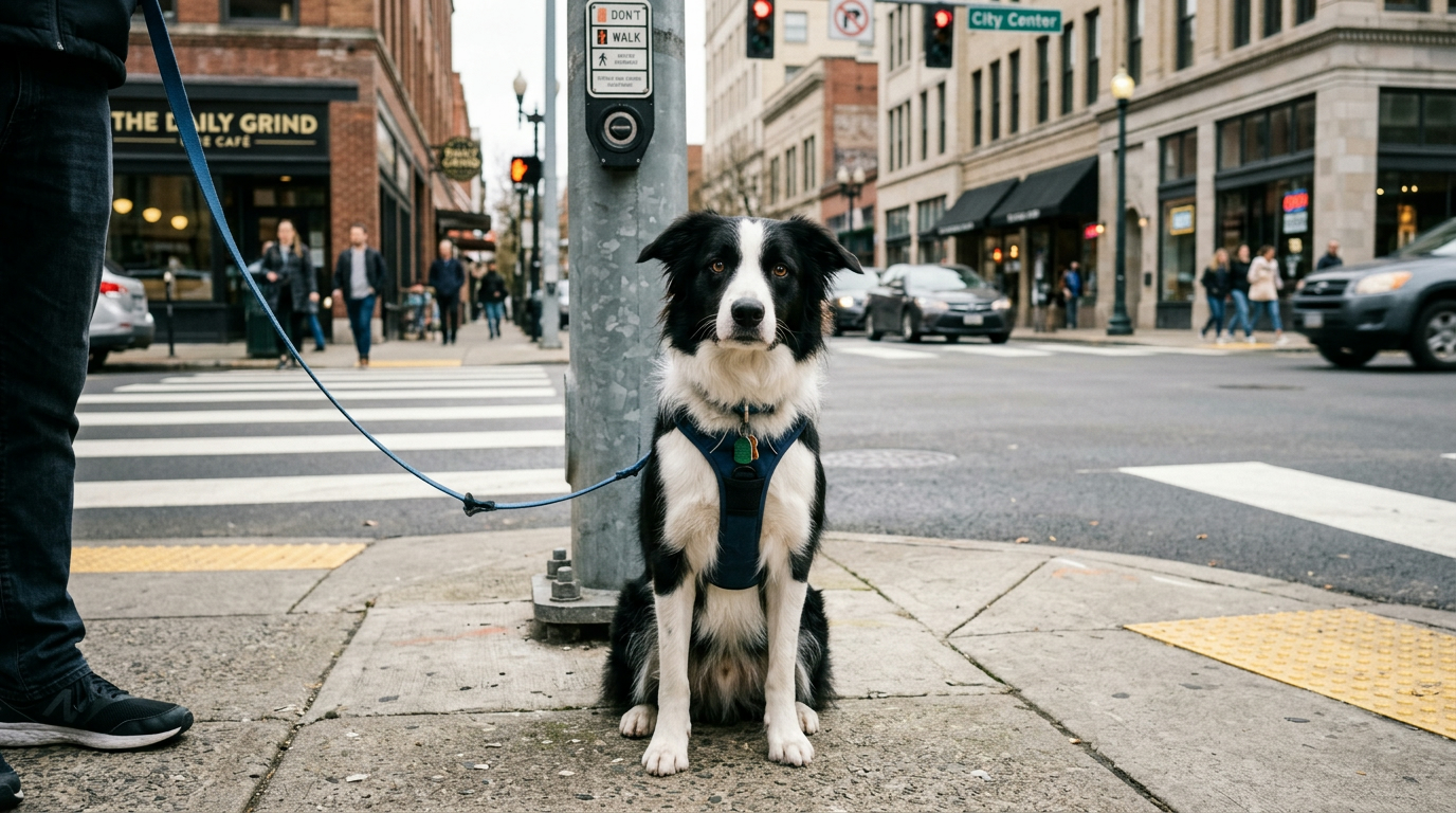 Chien assis calmement devant un passage piéton attendant le signal de son maître, focus sécurité urbaine.