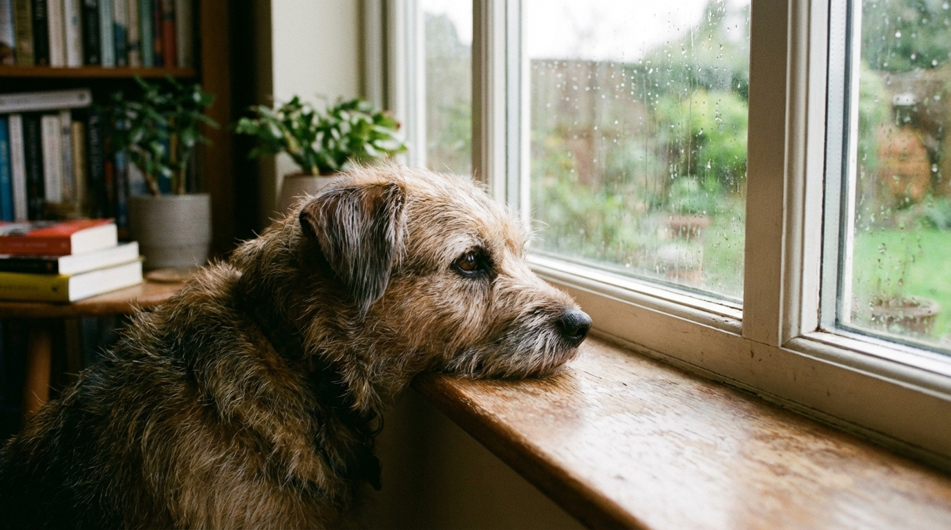 Chien assis près d'une fenêtre regardant dehors avec mélancolie, lumière douce, réaliste.