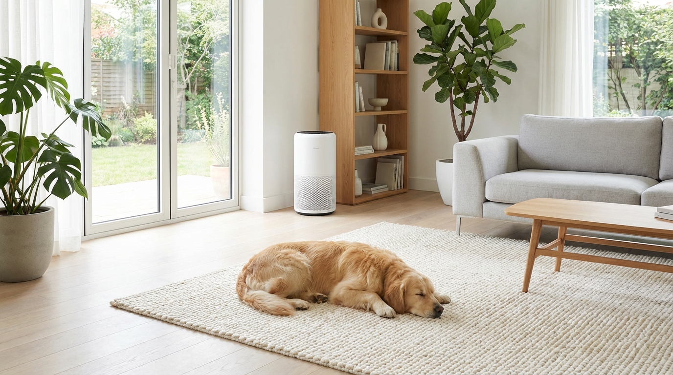 Interieur salon propre avec purificateur d'air discret et chien dormant paisiblement sur un tapis.