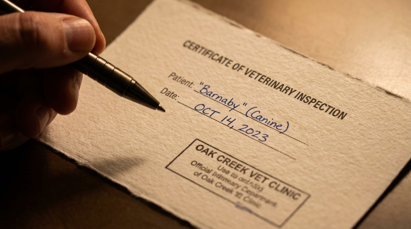Main humaine tenant un stylo sur un document officiel vétérinaire, focus sur le papier, réaliste.
