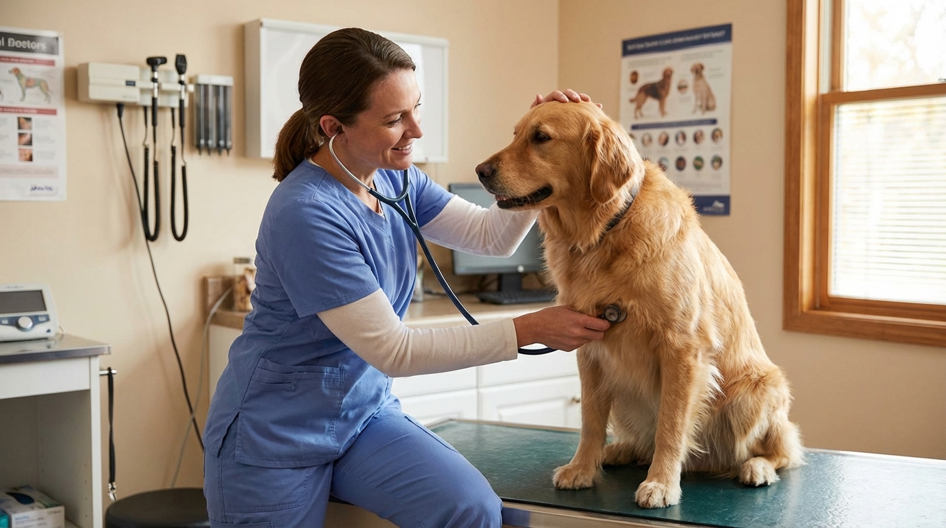 Veterinaire auscultant doucement un chien sur une table d'examen, ambiance rassurante.