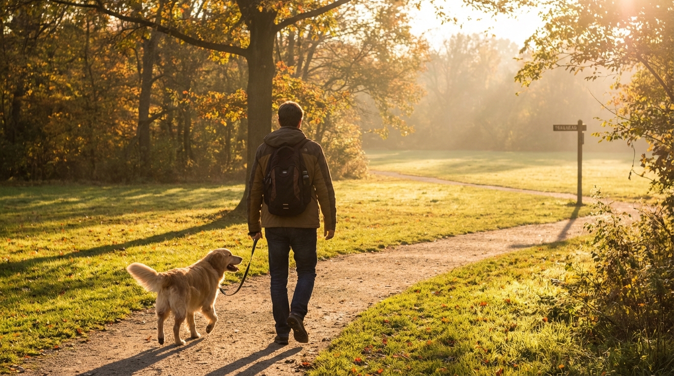 Chien marchant joyeusement aux côtés de son nouveau propriétaire (vu de dos), dans un parc, lumière de fin de journée.