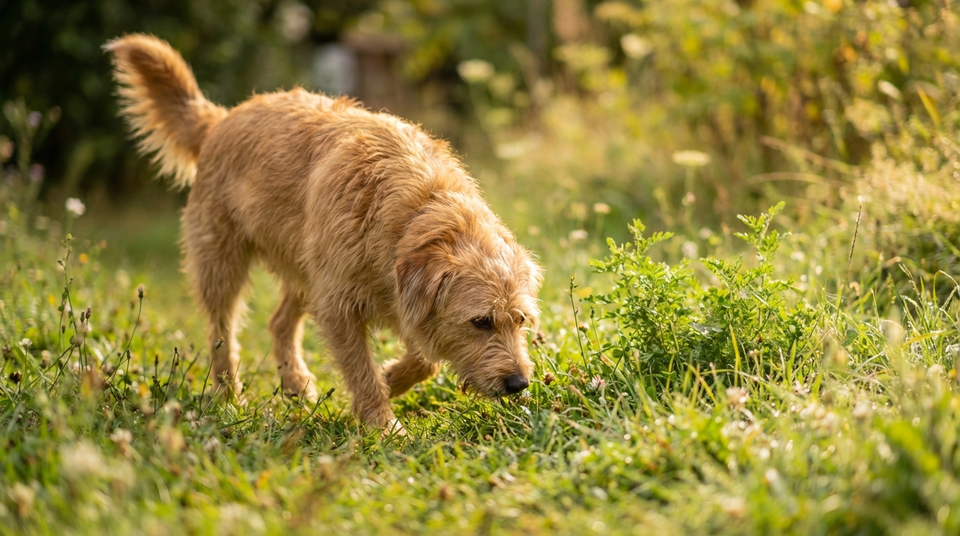 Chien explorant un nouveau jardin, queue basse mais curieux, réaliste.