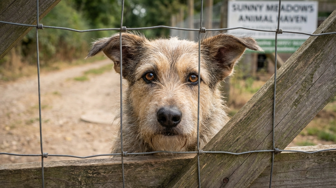 Chien derrière un grillage de refuge regardant avec espoir, focus sur l'expression.