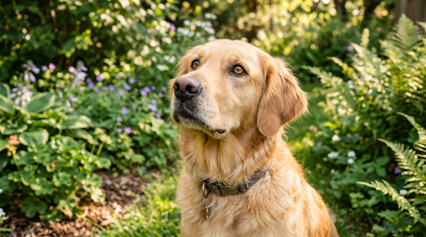 Chien assis calmement regardant vers le haut avec attention et confiance dans un cadre naturel lumineux