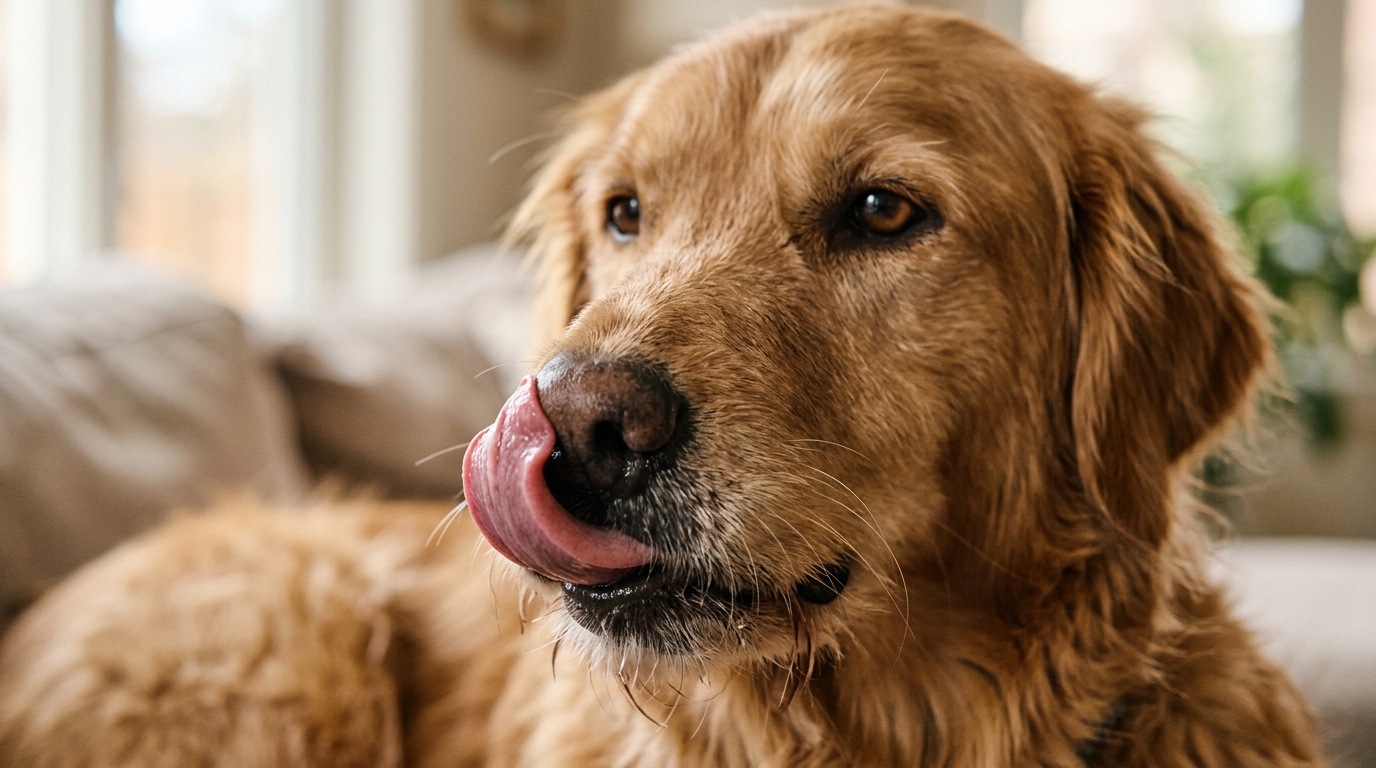 Gros plan sur un chien qui se lèche la truffe, signal d'apaisement subtil