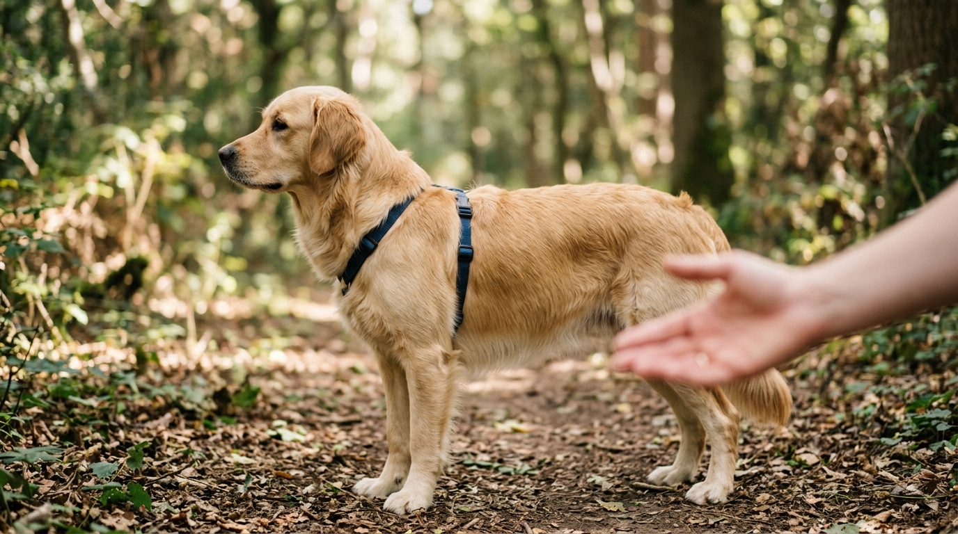 Chien et main floue en premier plan montrant une interaction douce et respectueuse sans contact forcé