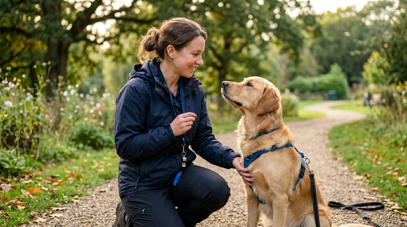Plan rapproché d'un éducateur canin professionnel en interaction calme avec un chien attentif, ambiance extérieure sereine, lumière naturelle douce.