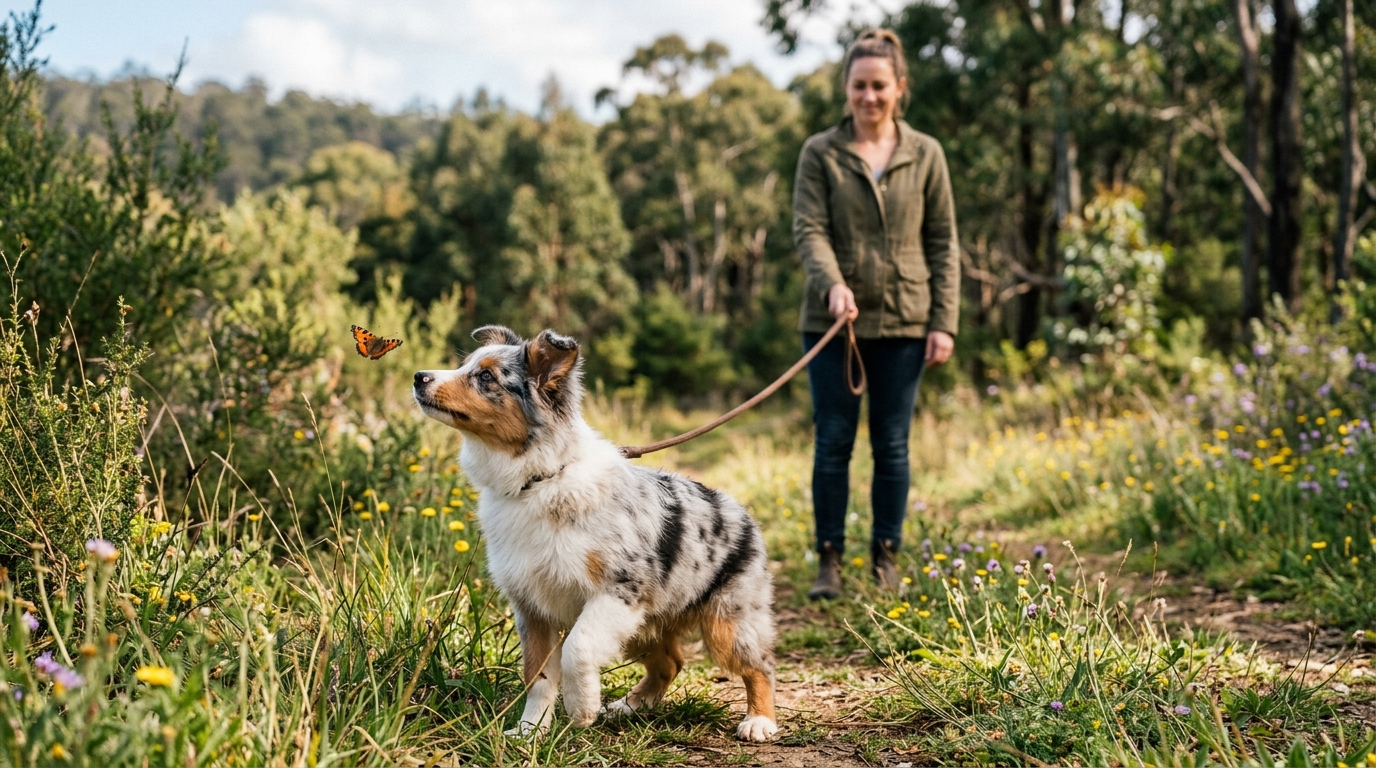 Jeune chien type Berger Australien un peu distrait en extérieur, regardant un papillon, propriétaire patient en arrière-plan.