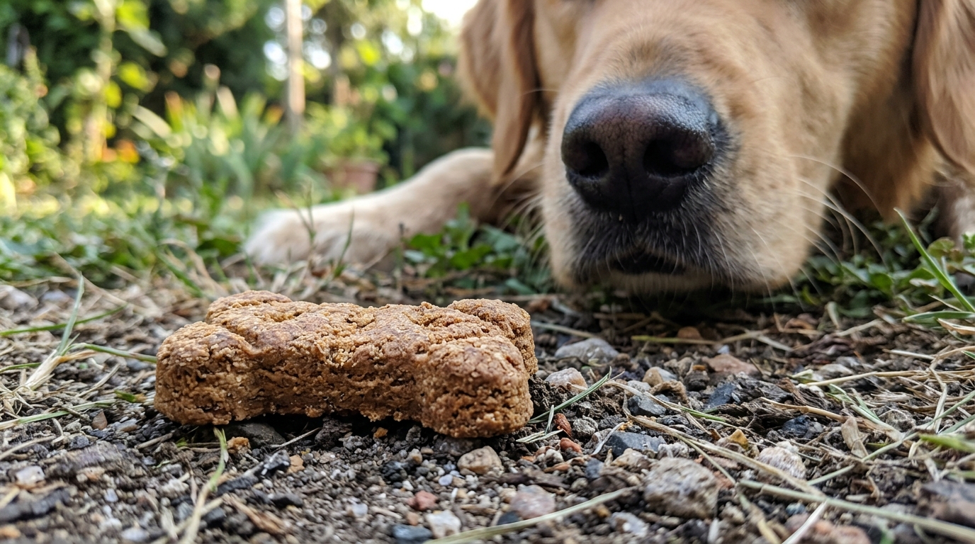 Gros plan sur une friandise au sol et le museau d'un chien qui attend patiemment, focus net.