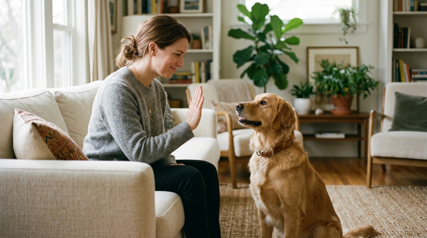 Portrait d'une femme calme donnant une indication de la main à son chien assis, intérieur lumineux, ambiance paisible.