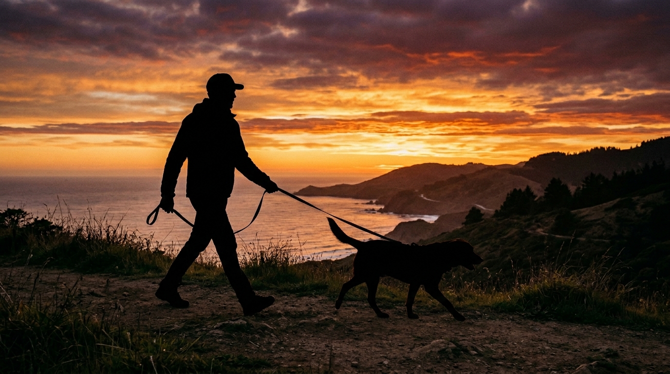 Silhouette d'un homme marchant avec assurance avec son chien en laisse détendue, coucher de soleil.