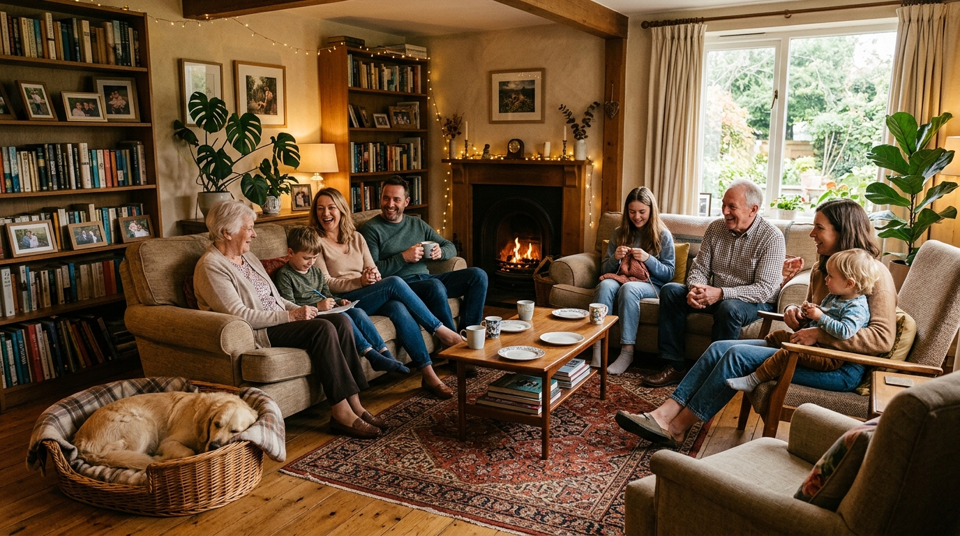 Famille réunie dans le salon avec un chien calme couché dans son panier, ambiance harmonieuse.