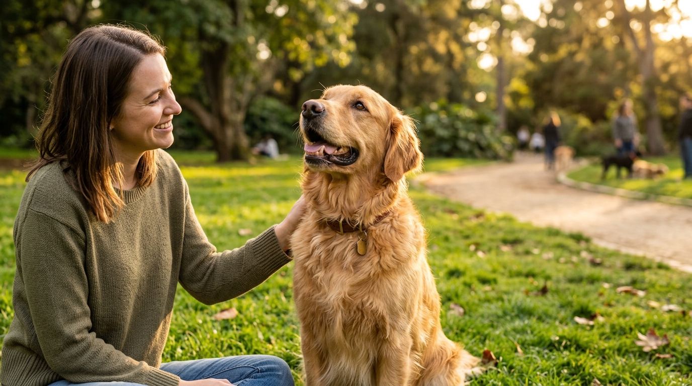 Chien regardant son propriétaire avec confiance et détente dans un parc, lumière dorée.