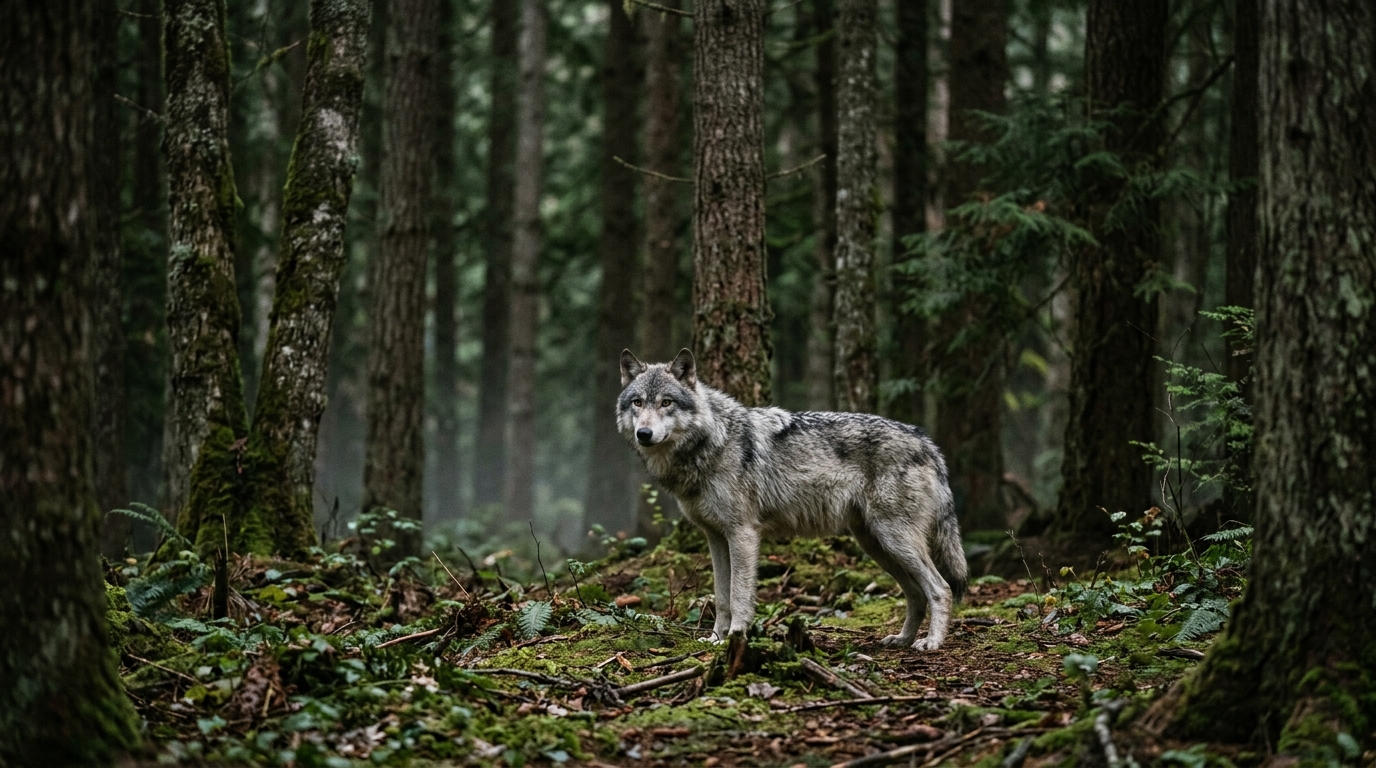 Loup dans la nature sauvage, posture d'observation, ambiance forêt.