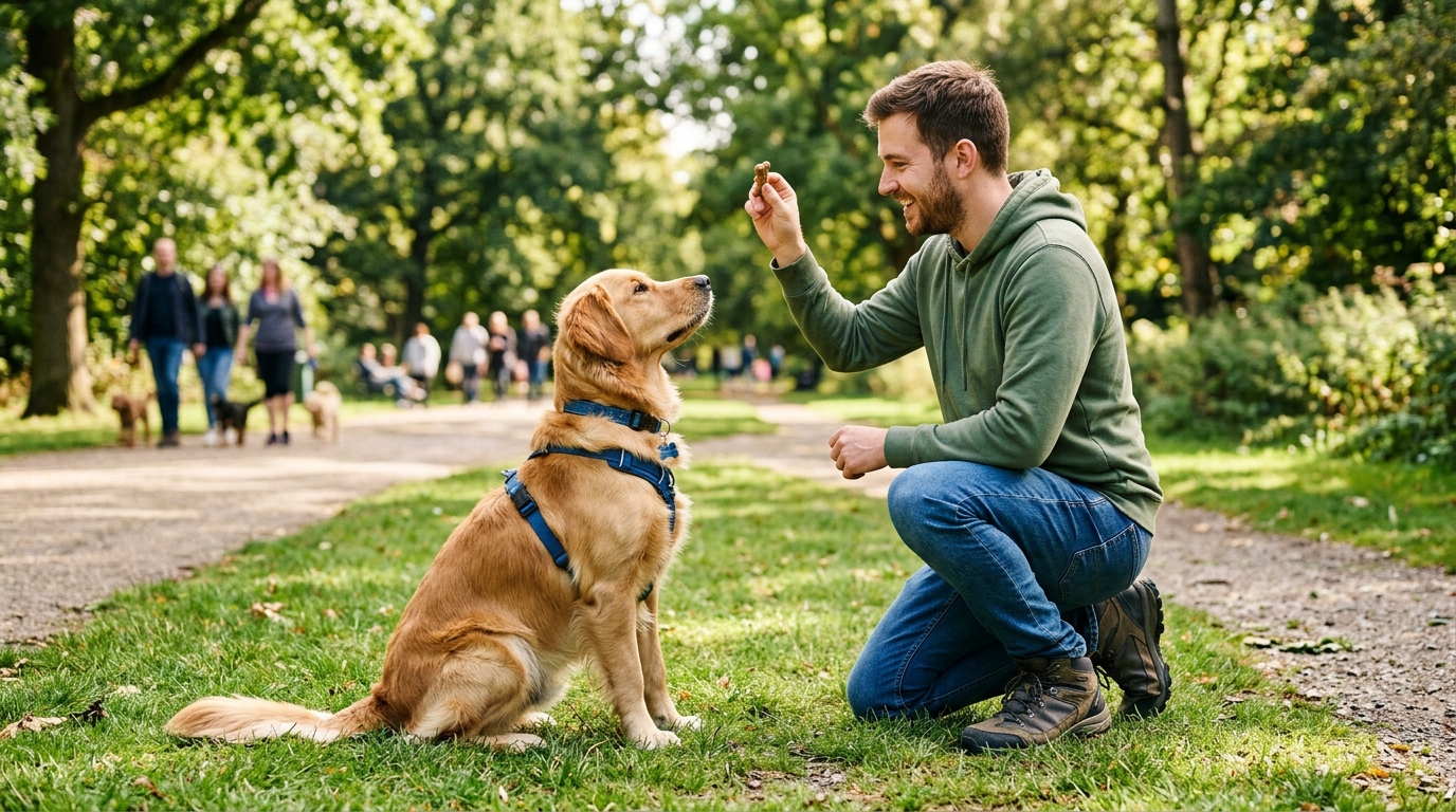 Maître et chien en séance d'éducation positive en extérieur.