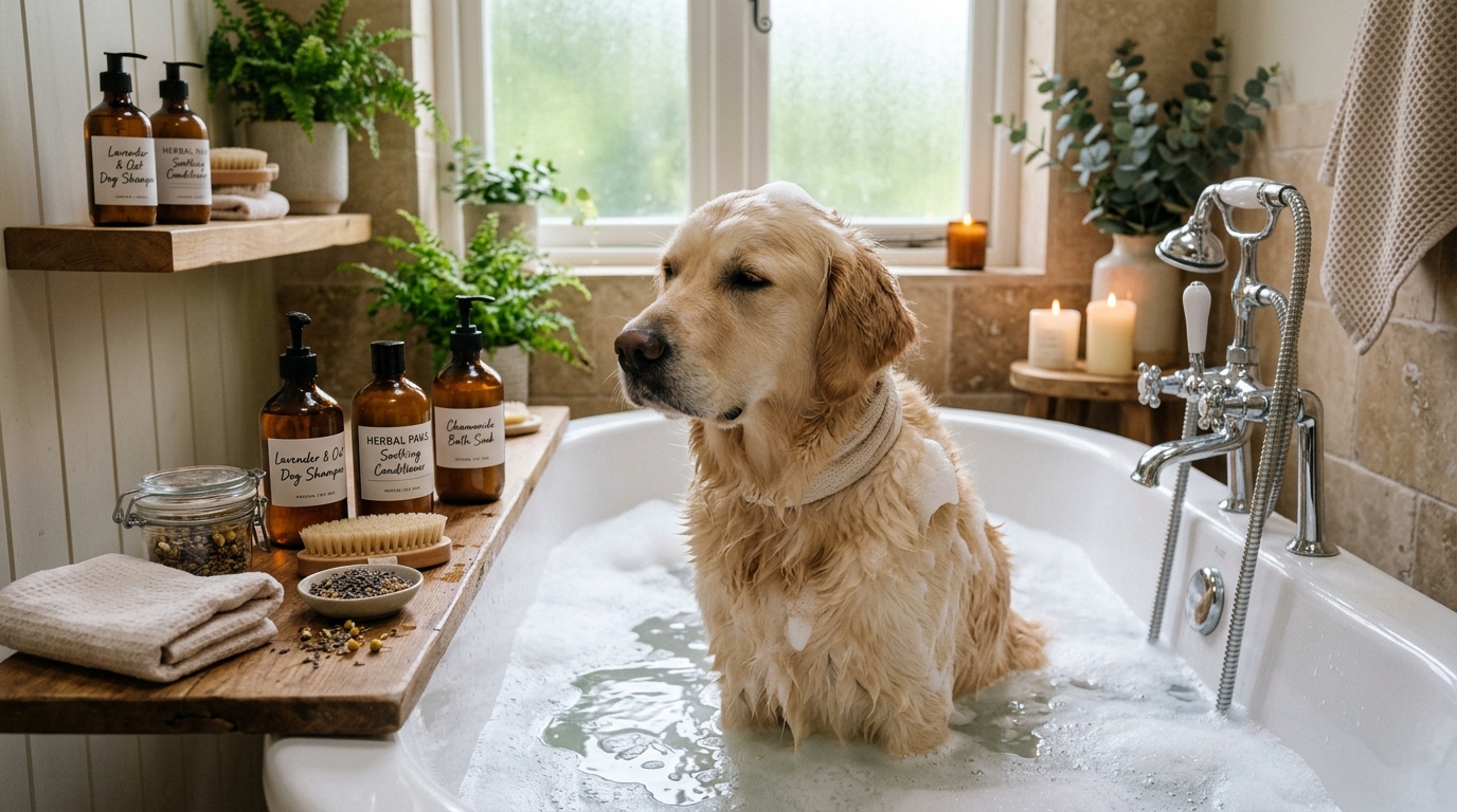 Chien propre dans une baignoire, produits naturels, ambiance sereine.