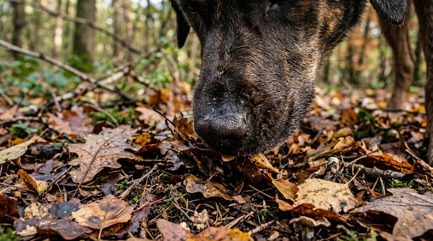 Chien reniflant le sol en forêt, concentré, gros plan.