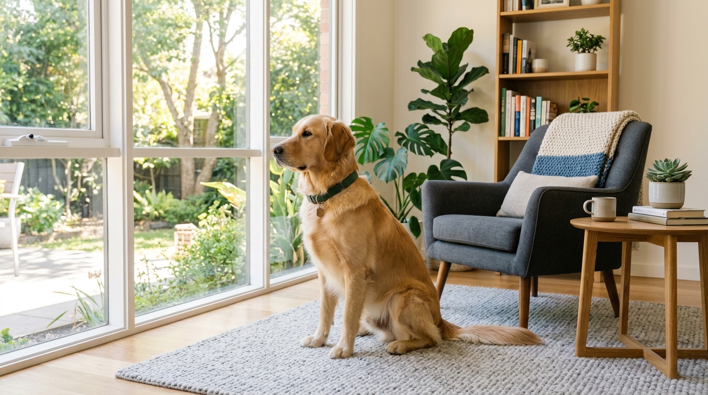 Chien serein assis dans un salon propre et lumineux, regardant vers l'extérieur.