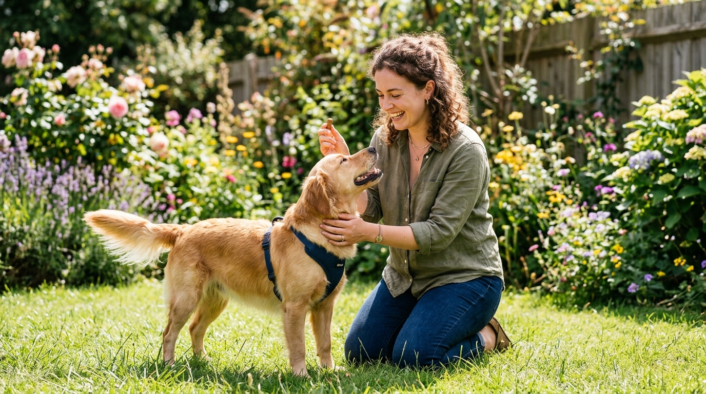 Maître félicitant joyeusement son chien dans un jardin verdoyant.