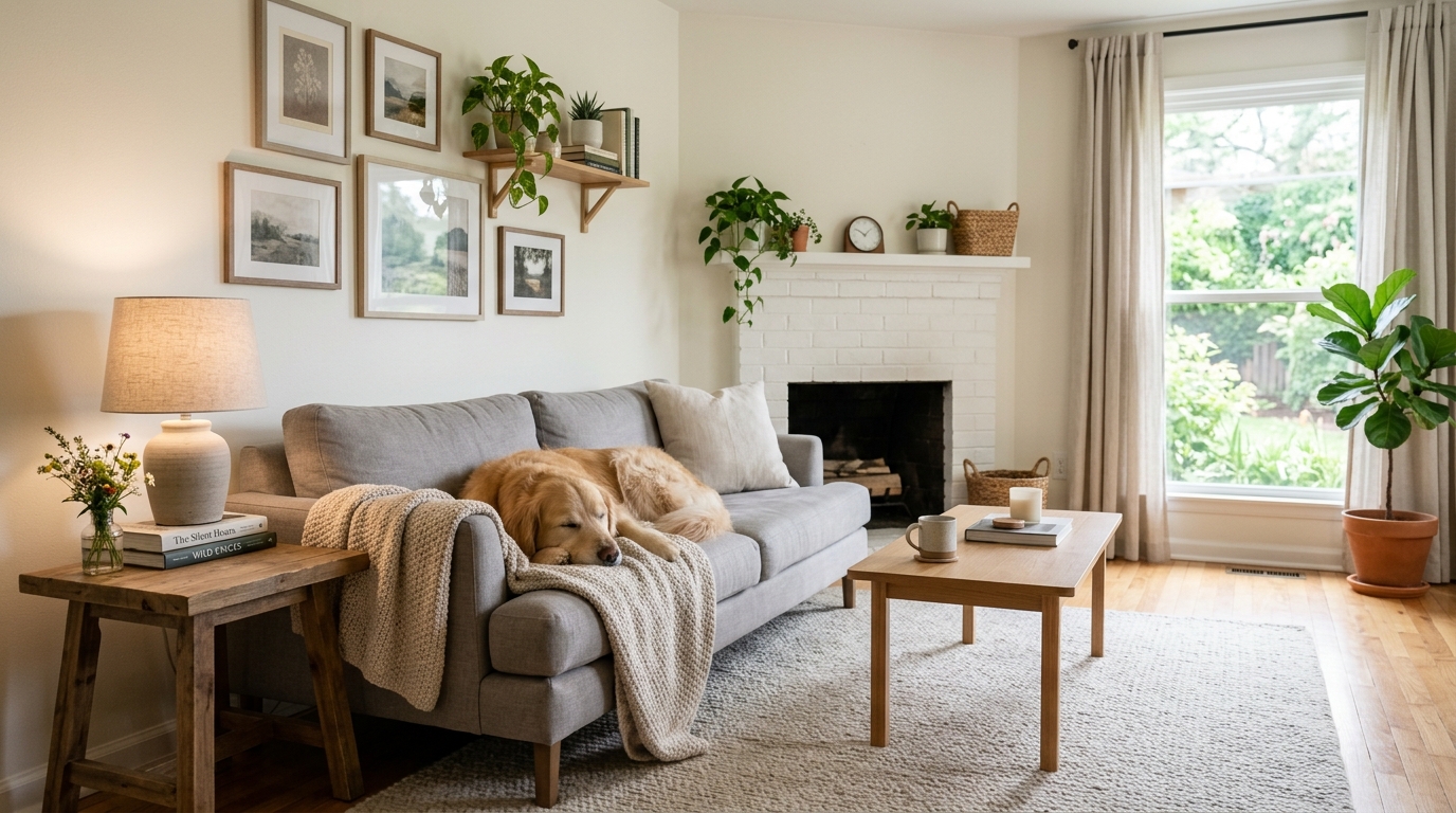 Intérieur de maison impeccable avec un chien dormant paisiblement sur son coussin.